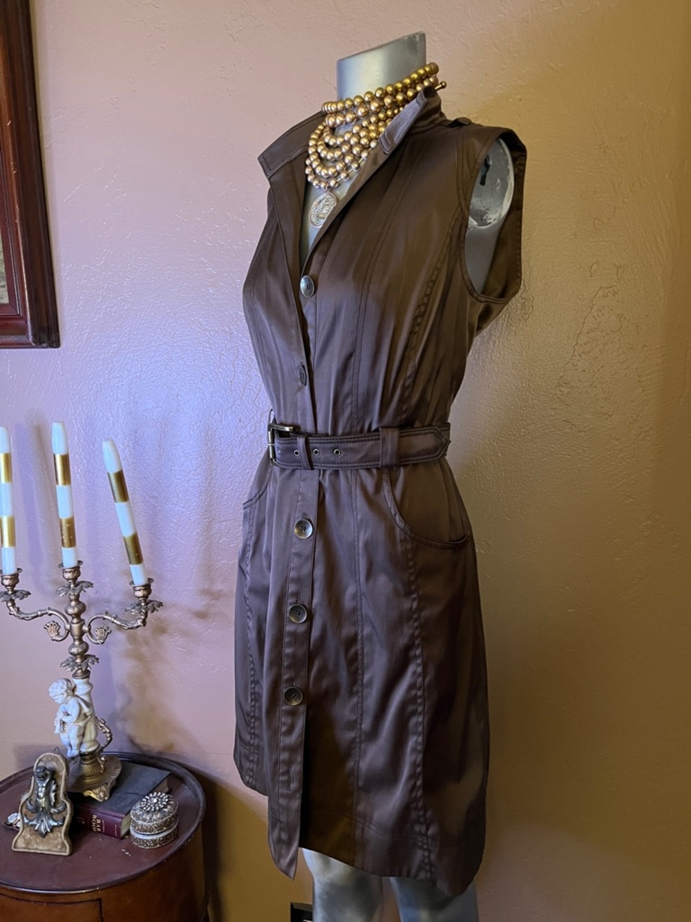 Cache Brown Sleeveless Button-Front Military Dress.  Sz 6